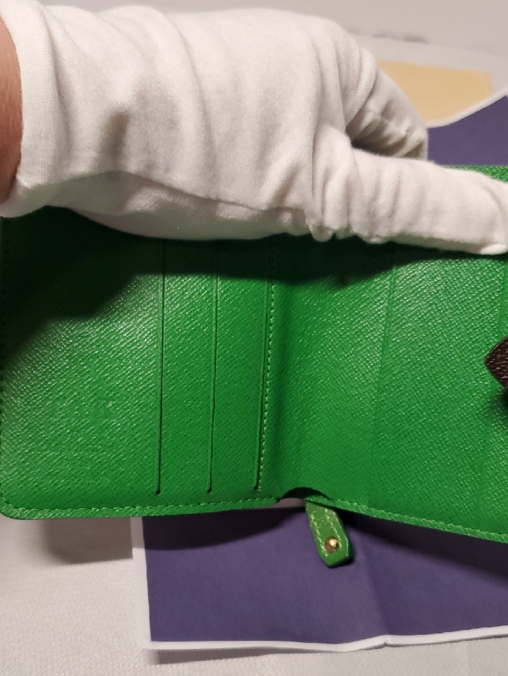 Authentic Louis Vuitton Brown Monogram Wallet with Green Accents - Picture 10 of 16